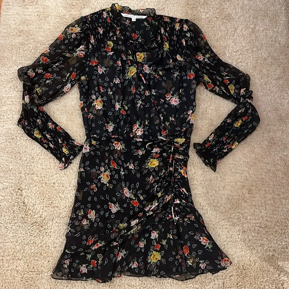 Veronica Beard Black Armeria Floral Print Long Sleeve Silk Dress Size 6 - Picture 6 of 10